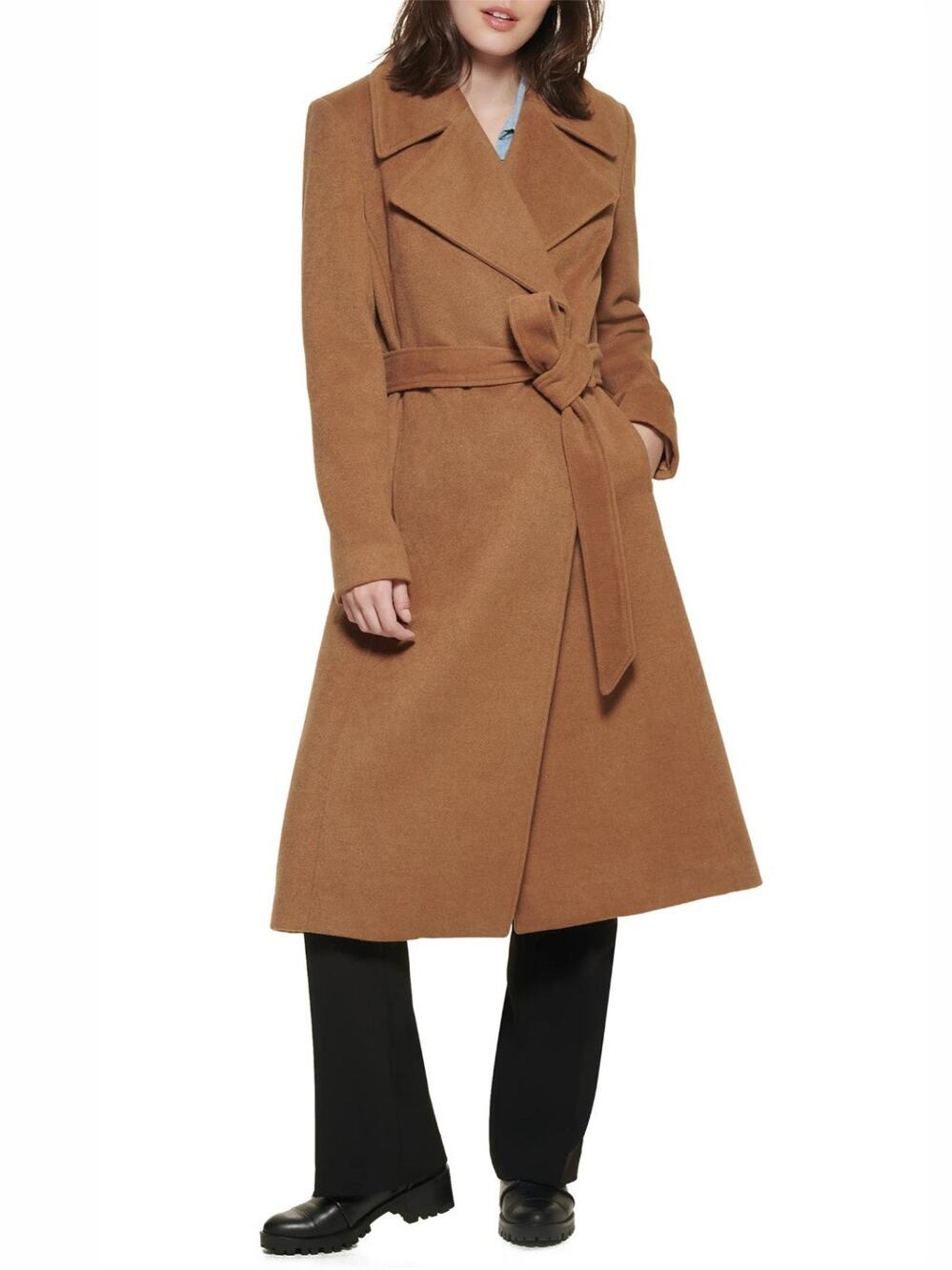 KARL LAGERFELD PARIS Camel Tan Midi Long Wool Blend Wrap Coat size M NWT